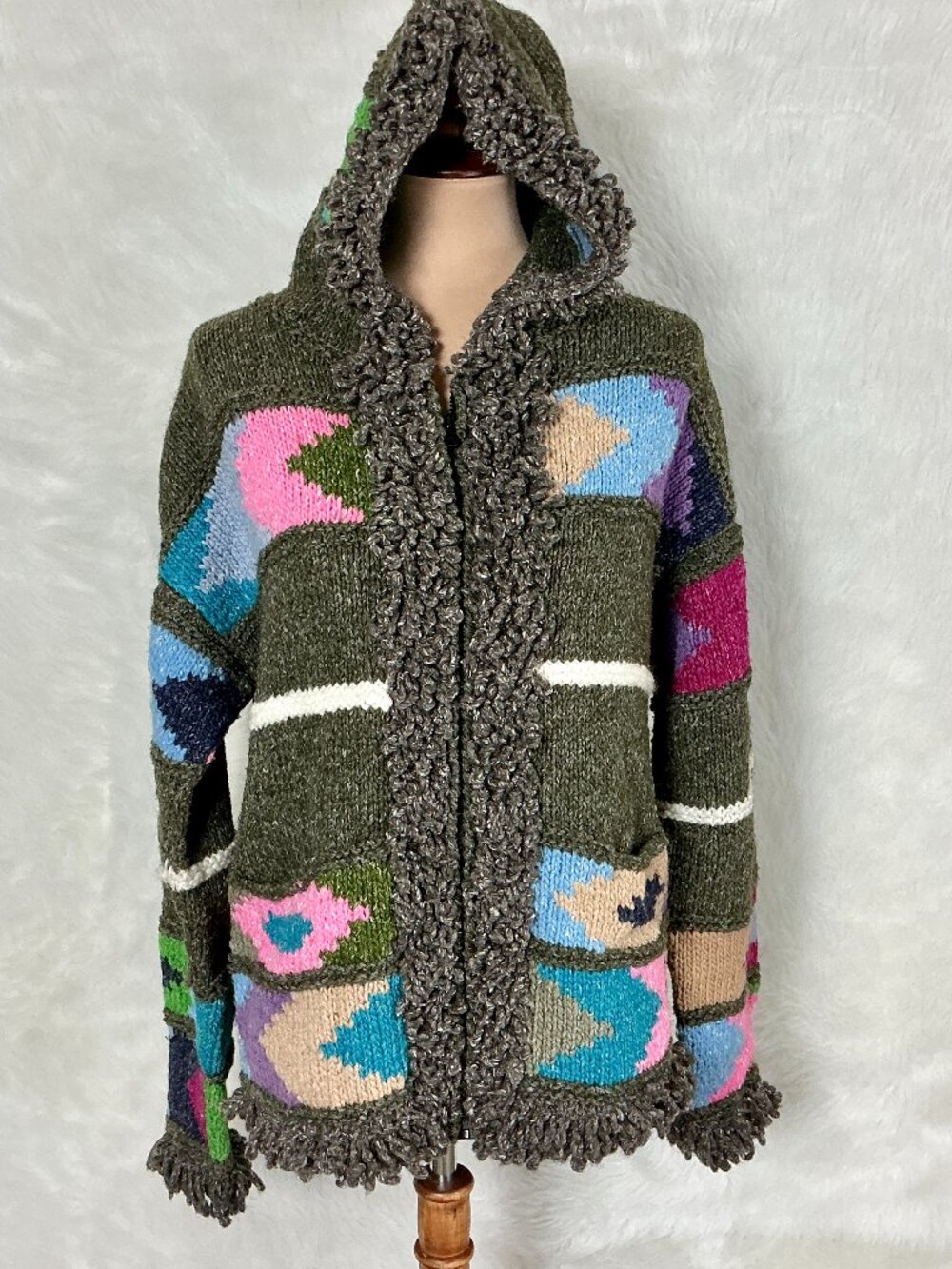 Wild'n Wooly Vintage Wool Cotton Southwestern Cardigan Sweater Hoodie Jacket M/L